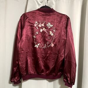 Y2K Helium Embroidered Hummingbird Burgundy Satin Sukajan Style Jacket